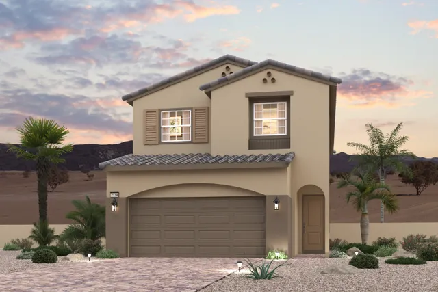 A house with a garage and palm trees.