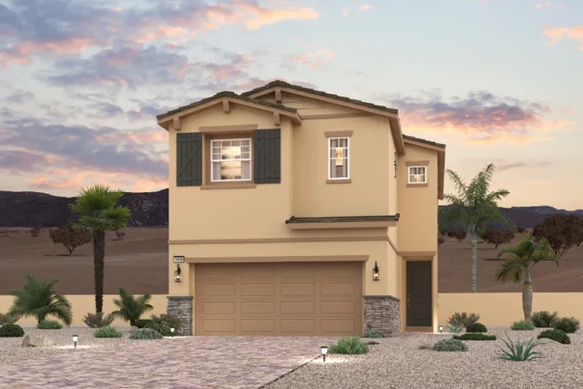 A house with a garage and palm trees.