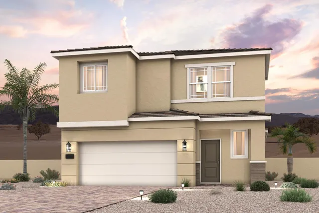 A house with a driveway and palm trees.