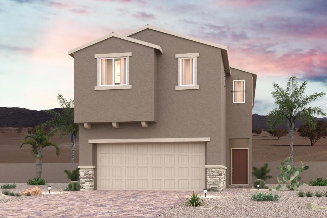 A house with a garage and palm trees.
