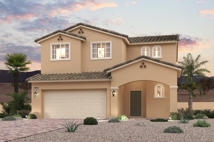 A house with a garage and palm trees.