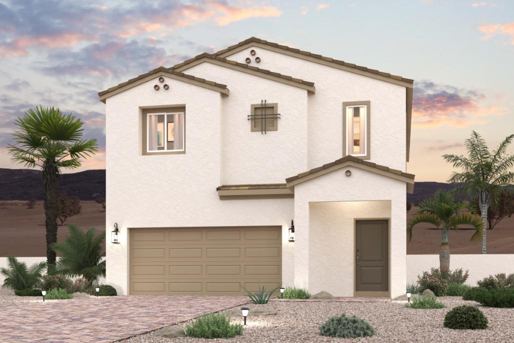 A house with a garage and palm trees.